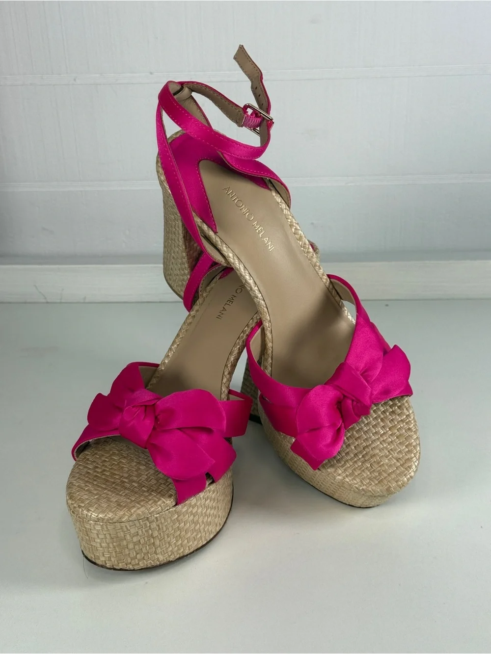 ANTONIO MELANI Pink Satin Bow Platform Wedge Sandals